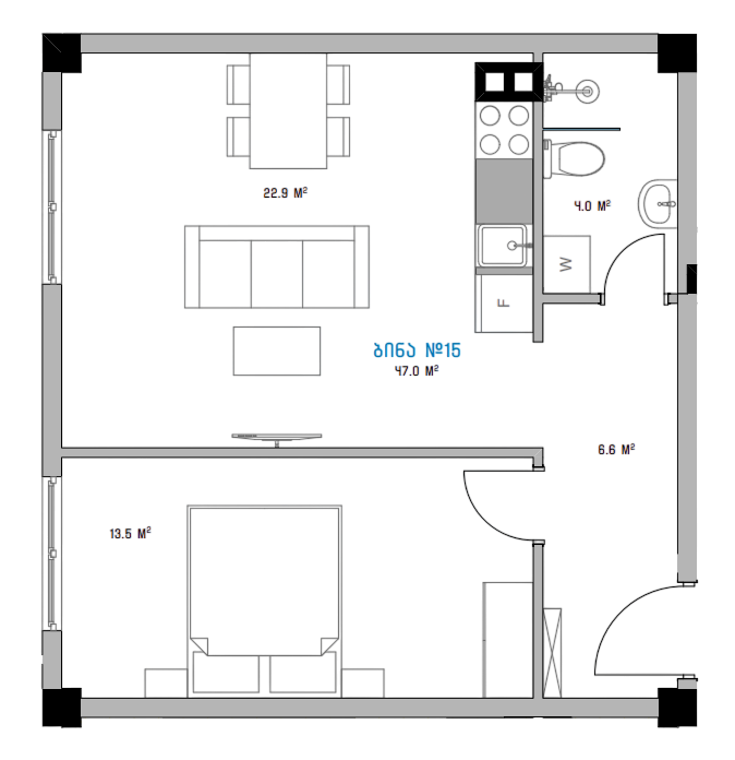 სახლი 1 / ბინა № 15 / 47 მ²